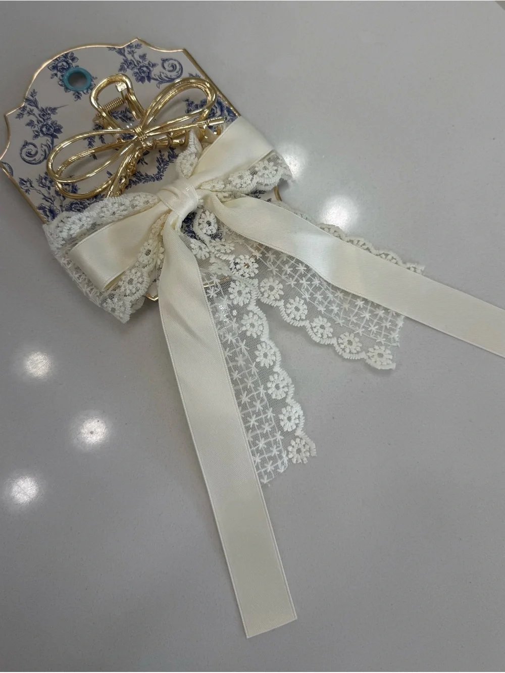 NEW !Ivory Lace Ribbon Hair Bow and a Gold Clip 2 PC kit 🎀 NWT